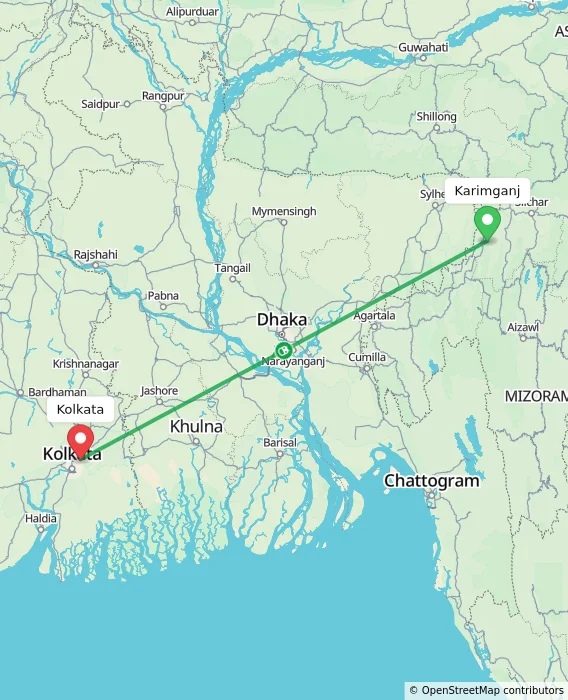 Route map showing distance and travel time from Karimganj, India to Kolkata, India