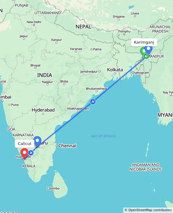 Route map showing distance and travel time from Karimganj, India to Kozhikode, India