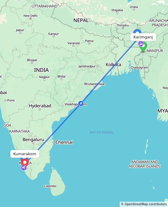 Route map showing distance and travel time from Karimganj, India to Kumarakom, India