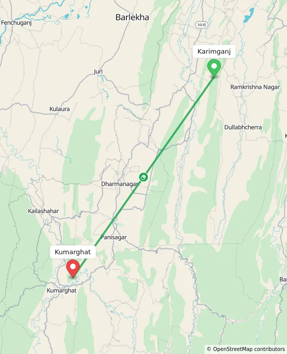 Route map showing distance and travel time from Karimganj, India to Kumarghat, India