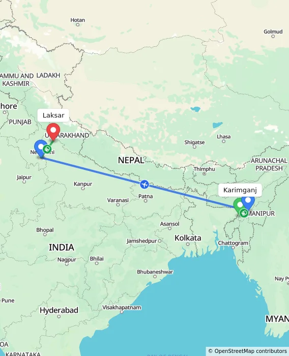 Route map showing distance and travel time from Karimganj, India to Laksar, India