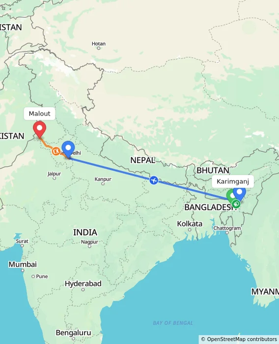 Route map showing distance and travel time from Karimganj, India to Malout, India