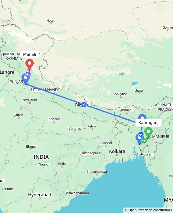 Route map showing distance and travel time from Karimganj, India to Manali, India