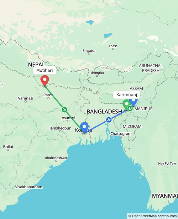 Route map showing distance and travel time from Karimganj, India to Motihari, India