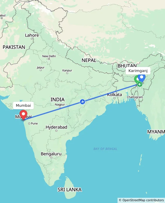 Route map showing distance and travel time from Karimganj, India to Mumbai, India