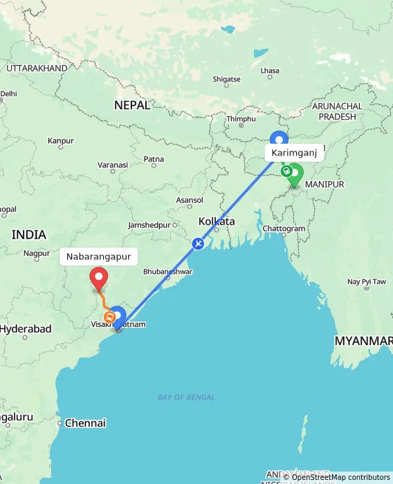 Route map showing distance and travel time from Karimganj, India to Nabarangapur, India