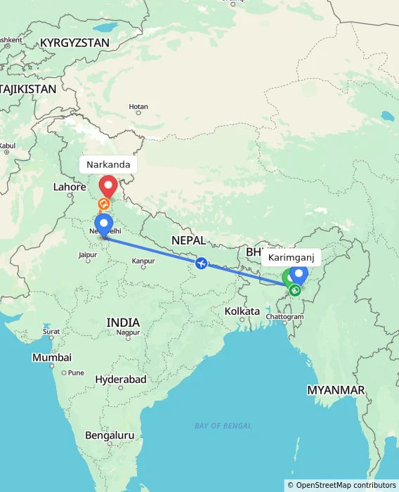 Route map showing distance and travel time from Karimganj, India to Narkanda, India