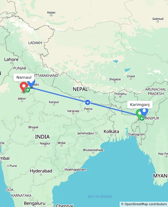 Route map showing distance and travel time from Karimganj, India to Narnaul, India
