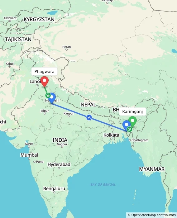 Route map showing distance and travel time from Karimganj, India to Phagwara, India
