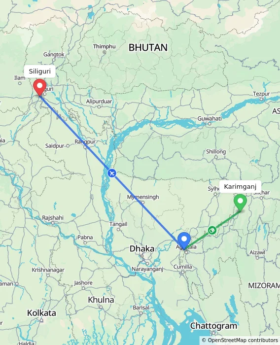 Route map showing distance and travel time from Karimganj, India to Siliguri, India