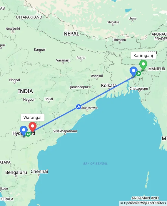 Route map showing distance and travel time from Karimganj, India to Warangal, India