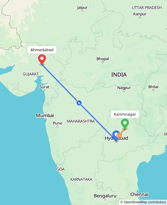 Route map showing distance and travel time from Karimnagar, India to Ahmedabad, India