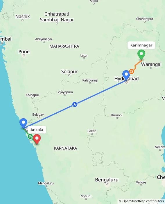Route map showing distance and travel time from Karimnagar, India to Ankola, India
