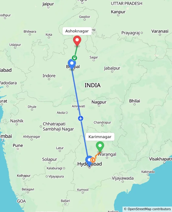 Route map showing distance and travel time from Karimnagar, India to Ashoknagar, India