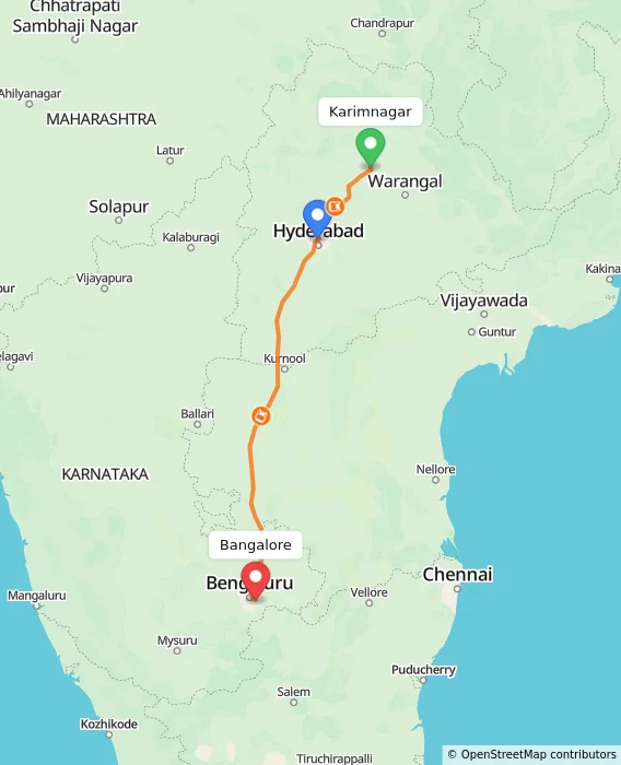Route map showing distance and travel time from Karimnagar, India to Bangalore, India