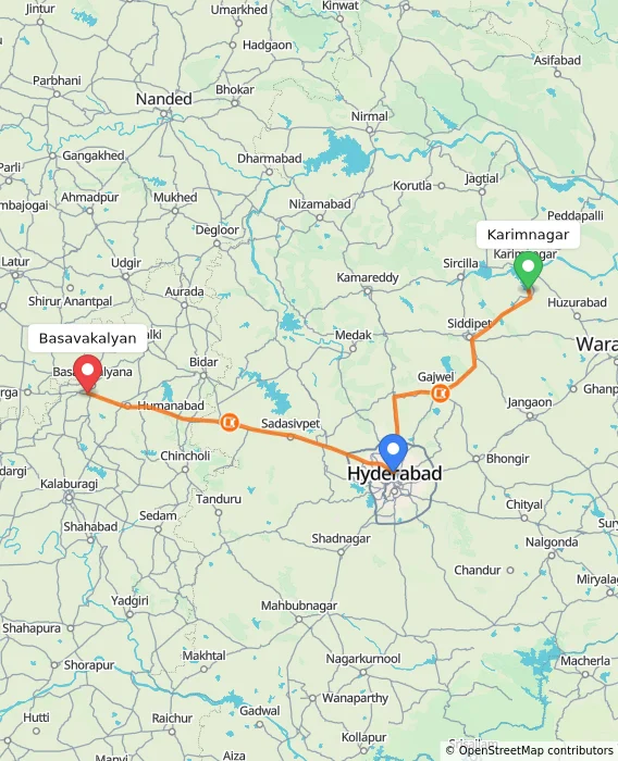 Route map showing distance and travel time from Karimnagar, India to Basavakalyan, India