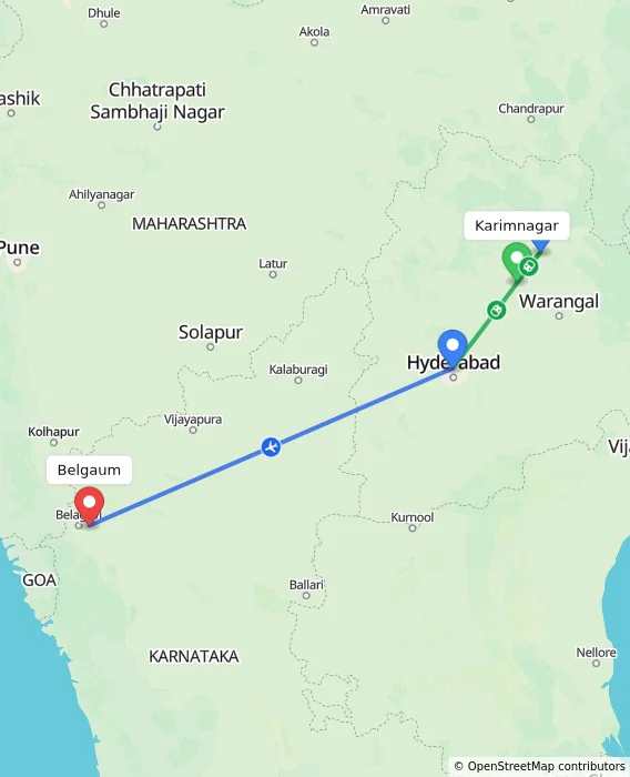 Route map showing distance and travel time from Karimnagar, India to Belgaum, India