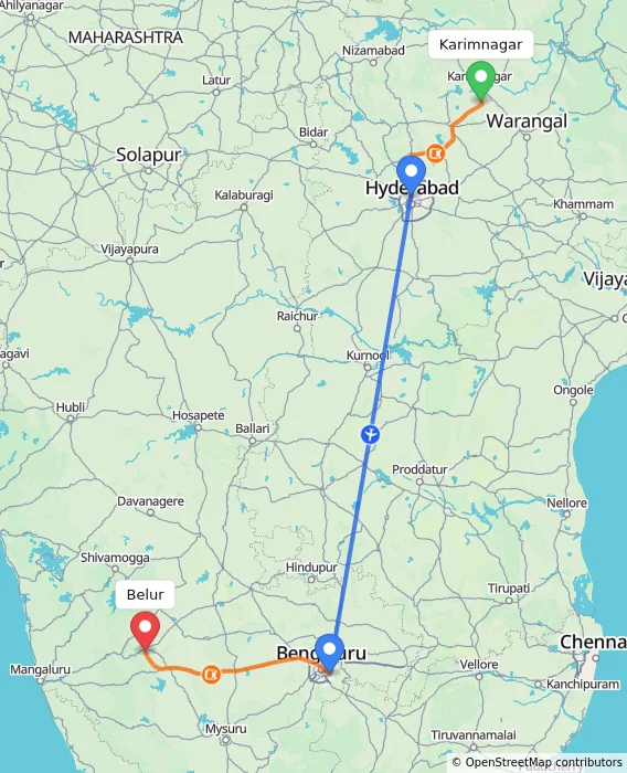 Route map showing distance and travel time from Karimnagar, India to Belur, India