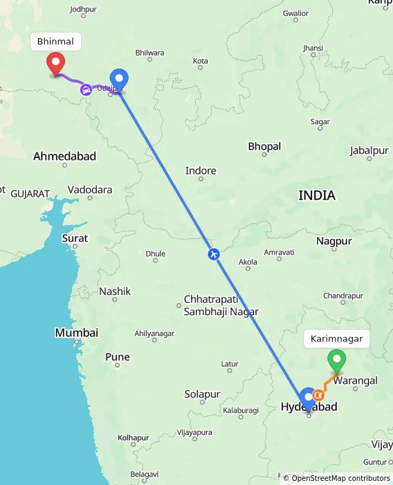 Route map showing distance and travel time from Karimnagar, India to Bhinmal, India