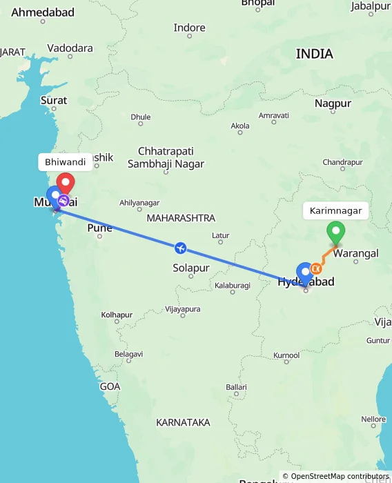 Route map showing distance and travel time from Karimnagar, India to Bhiwandi, India