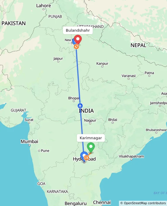 Route map showing distance and travel time from Karimnagar, India to Bulandshahr, India
