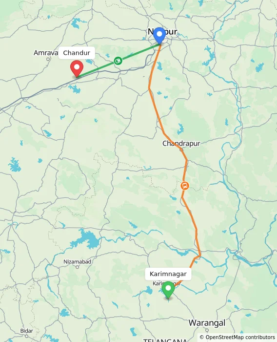 Route map showing distance and travel time from Karimnagar, India to Chandur, India