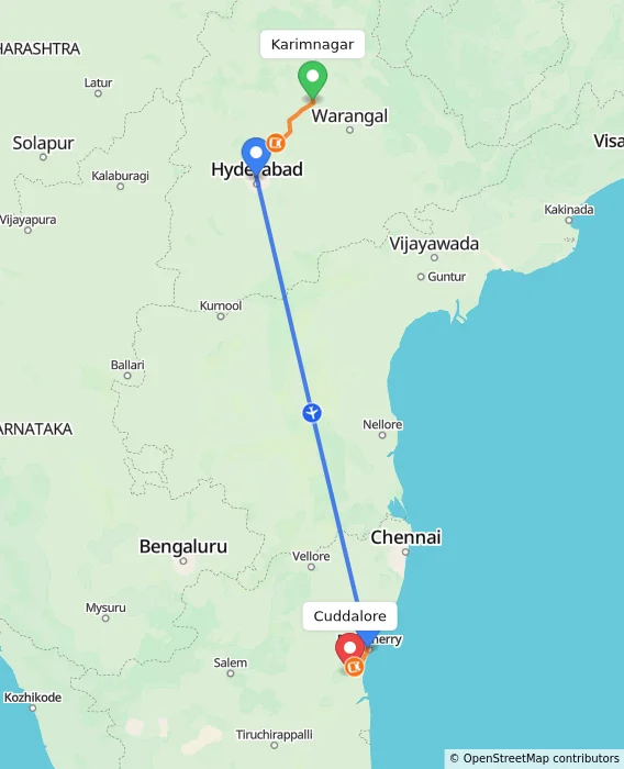 Route map showing distance and travel time from Karimnagar, India to Cuddalore, India