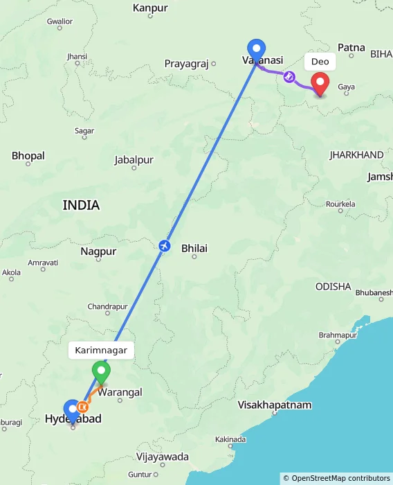 Route map showing distance and travel time from Karimnagar, India to Deo, India