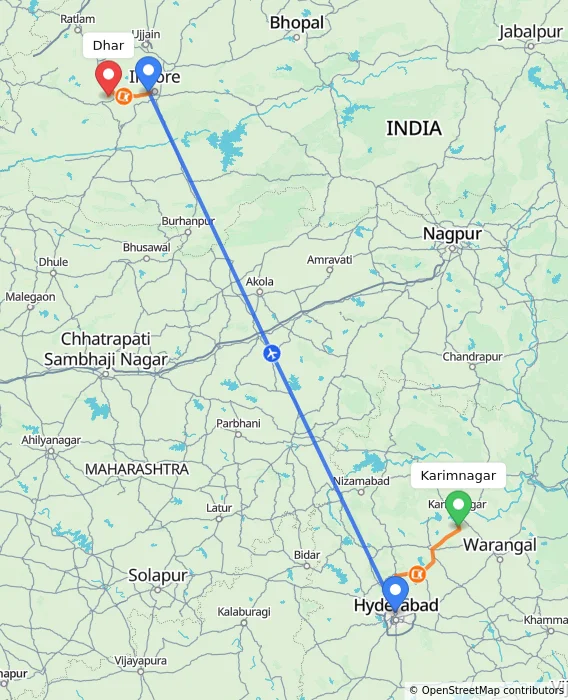 Route map showing distance and travel time from Karimnagar, India to Dhar, India