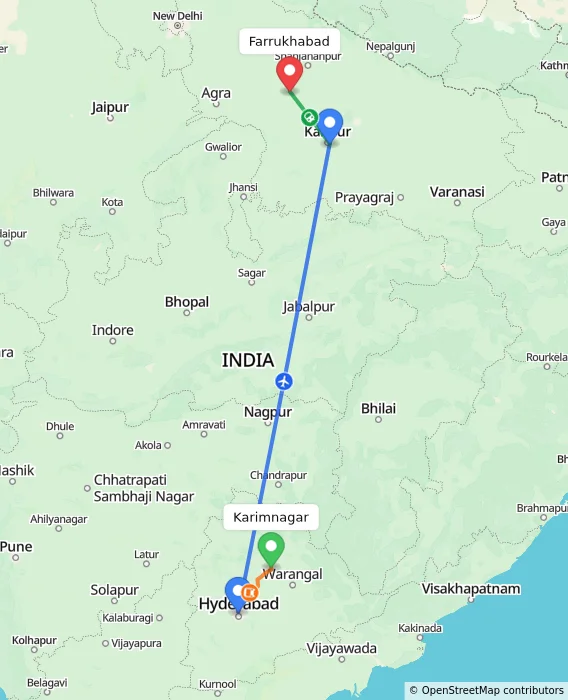 Route map showing distance and travel time from Karimnagar, India to Farrukhabad, India