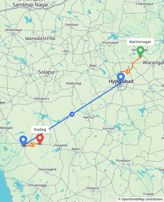 Route map showing distance and travel time from Karimnagar, India to Gadag, India