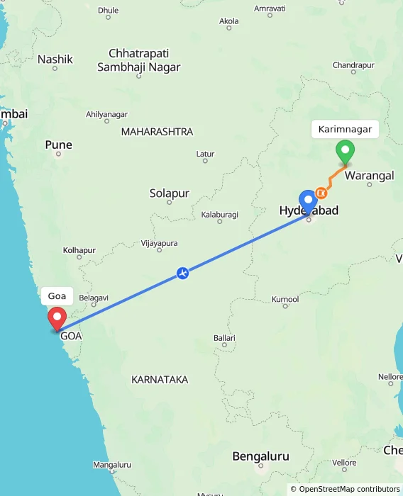 Route map showing distance and travel time from Karimnagar, India to Goa, India