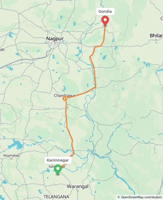 Route map showing distance and travel time from Karimnagar, India to Gondia, India