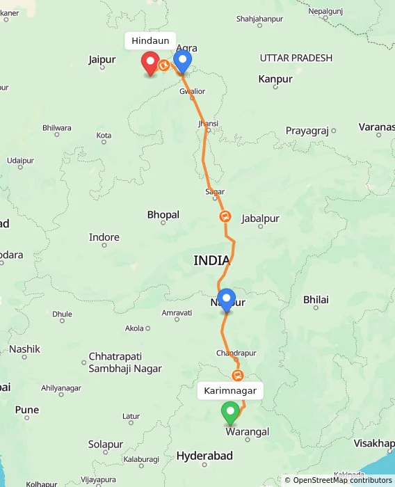 Route map showing distance and travel time from Karimnagar, India to Hindaun, India