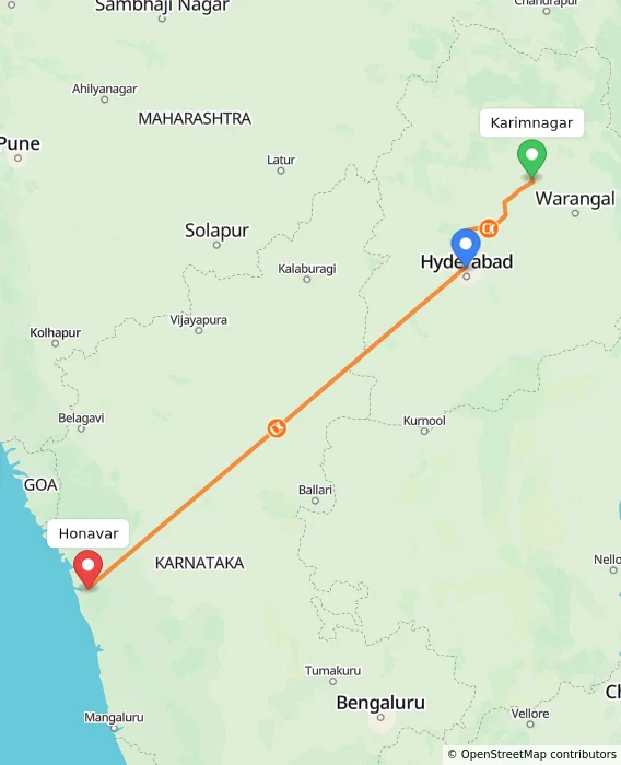 Route map showing distance and travel time from Karimnagar, India to Honavar, India