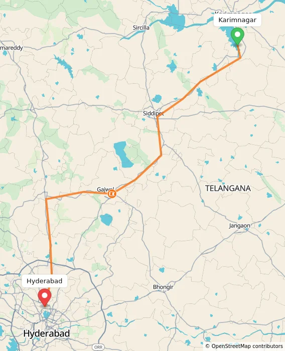 Route map showing distance and travel time from Karimnagar, India to Hyderabad, India