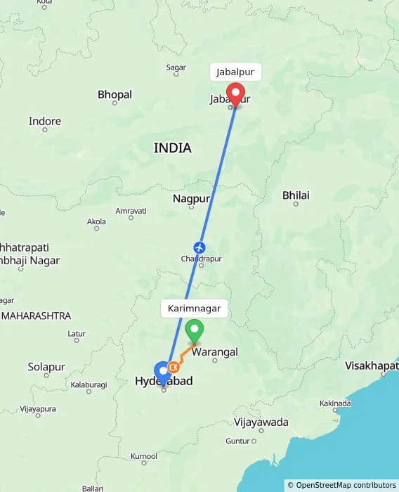 Route map showing distance and travel time from Karimnagar, India to Jabalpur, India