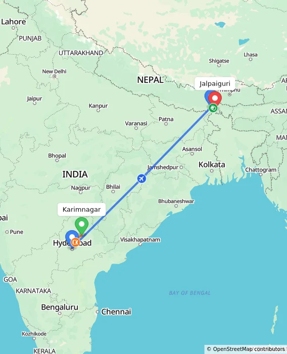 Route map showing distance and travel time from Karimnagar, India to Jalpaiguri, India