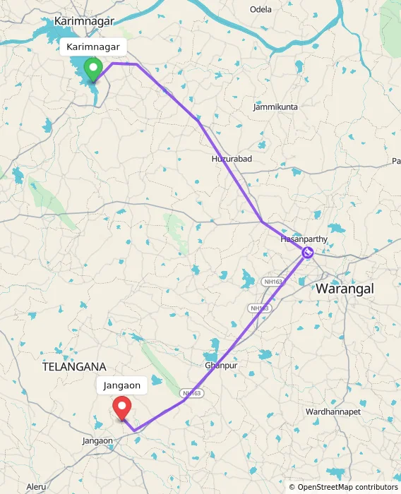 Route map showing distance and travel time from Karimnagar, India to Jangaon, India