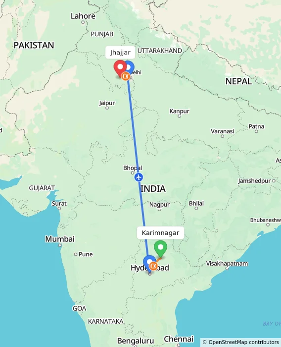 Route map showing distance and travel time from Karimnagar, India to Jhajjar, India