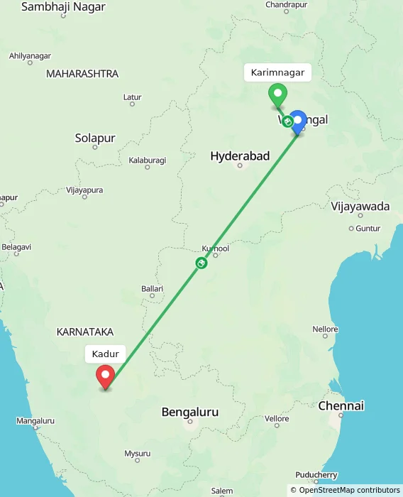 Route map showing distance and travel time from Karimnagar, India to Kadur, India