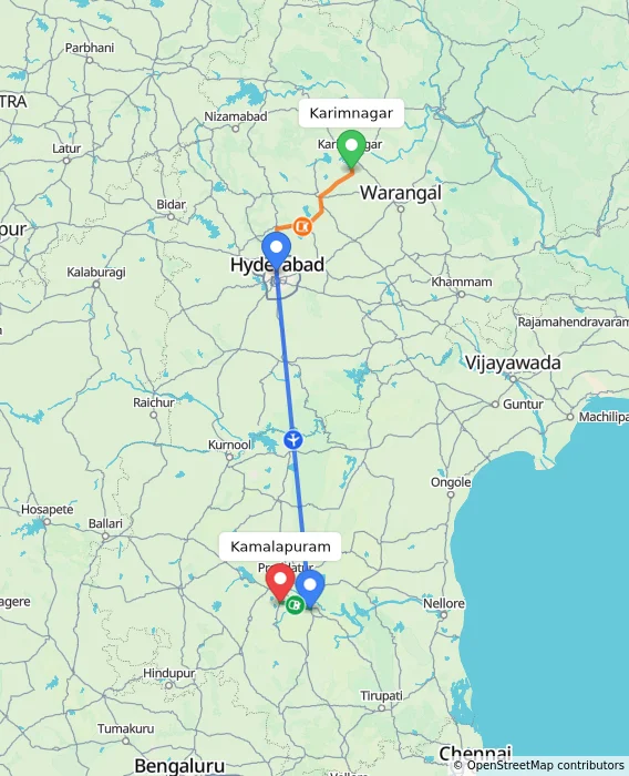 Route map showing distance and travel time from Karimnagar, India to Kamalapuram, India