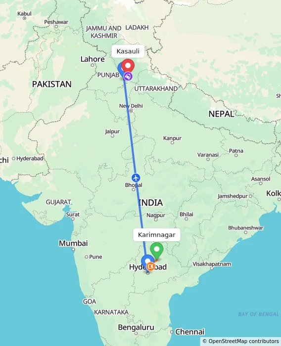 Route map showing distance and travel time from Karimnagar, India to Kasauli, India