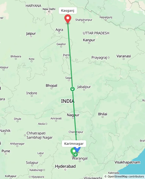Route map showing distance and travel time from Karimnagar, India to Kasganj, India