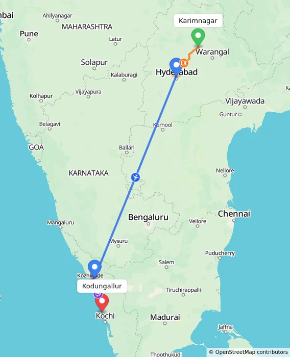 Route map showing distance and travel time from Karimnagar, India to Kodungallur, India