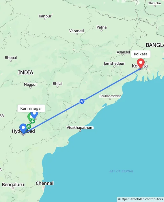 Route map showing distance and travel time from Karimnagar, India to Kolkata, India