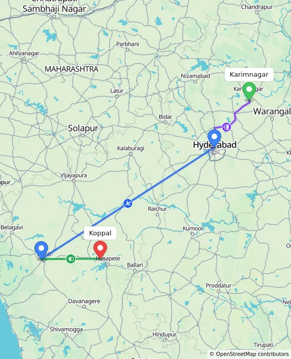 Route map showing distance and travel time from Karimnagar, India to Koppal, India
