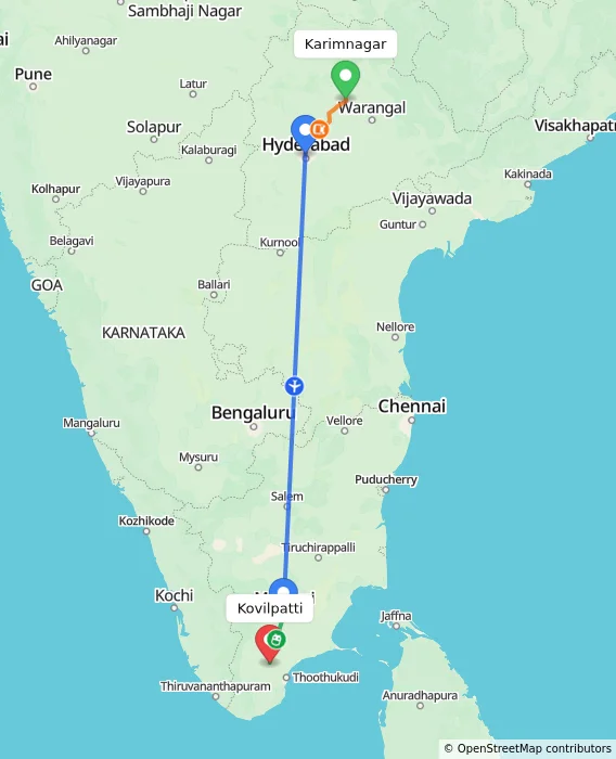 Route map showing distance and travel time from Karimnagar, India to Kovilpatti, India