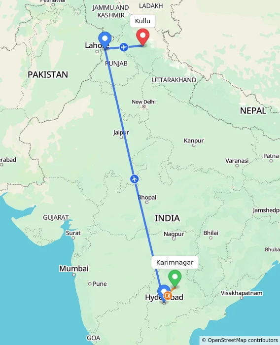 Route map showing distance and travel time from Karimnagar, India to Kullu, India