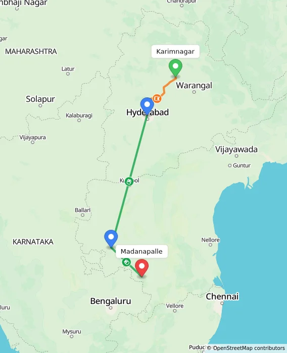 Route map showing distance and travel time from Karimnagar, India to Madanapalle, India